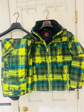 Rossignol Kids Size 10 Ski Jacket & Pants Set Green Plaid Snowboard Snowsuit